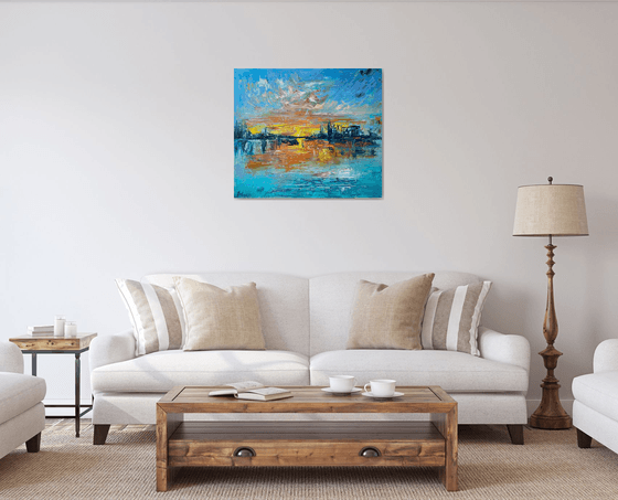 Sunset - Big city never sleeps, 70*80cm, impressionistic landscape oil painting in orange and turquoise