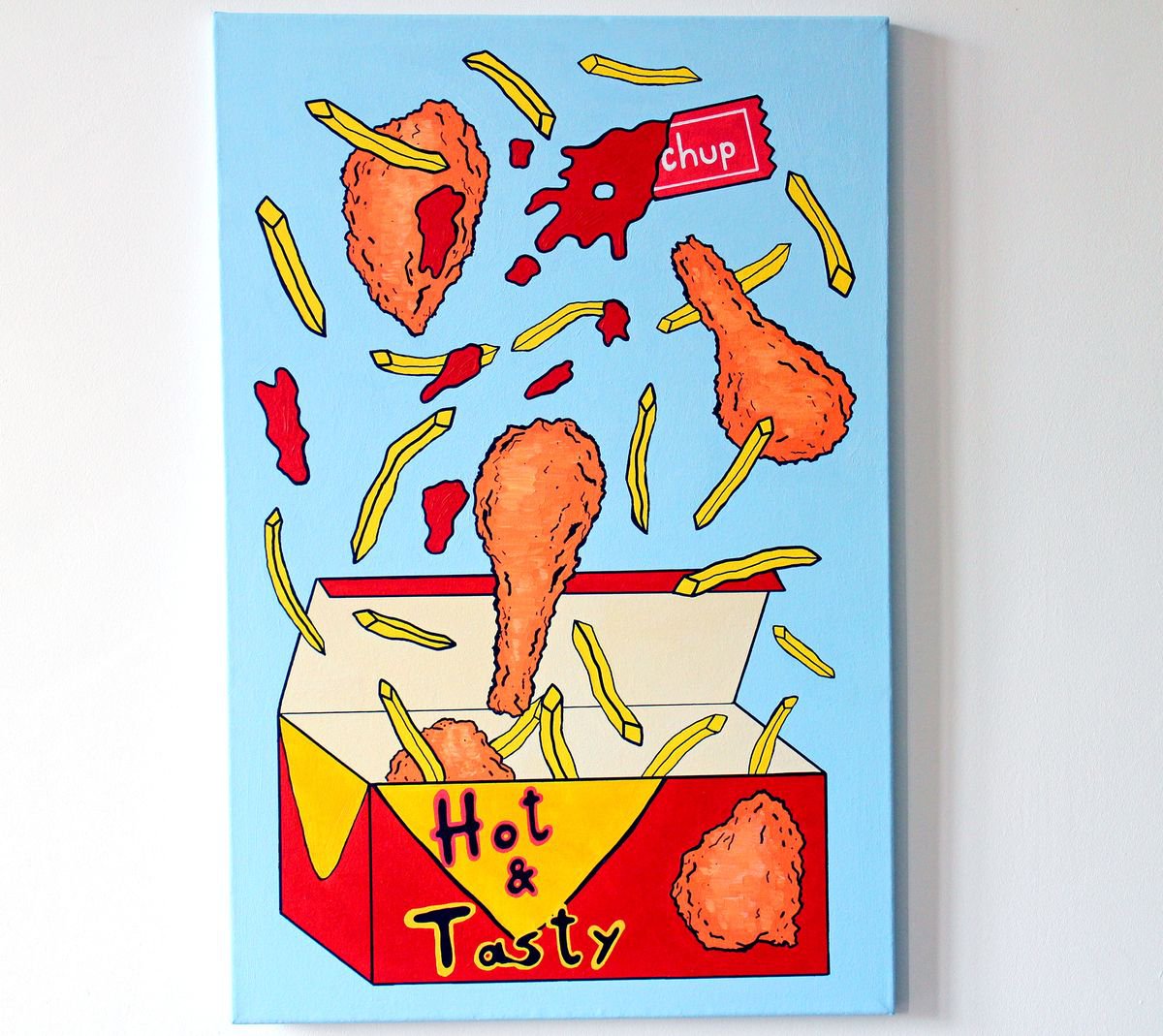 Urban And Pop Still Life Acrylic Painting By Ian Viggars, 20 X 30, Box Of Chicken And Chips, Original Artwork