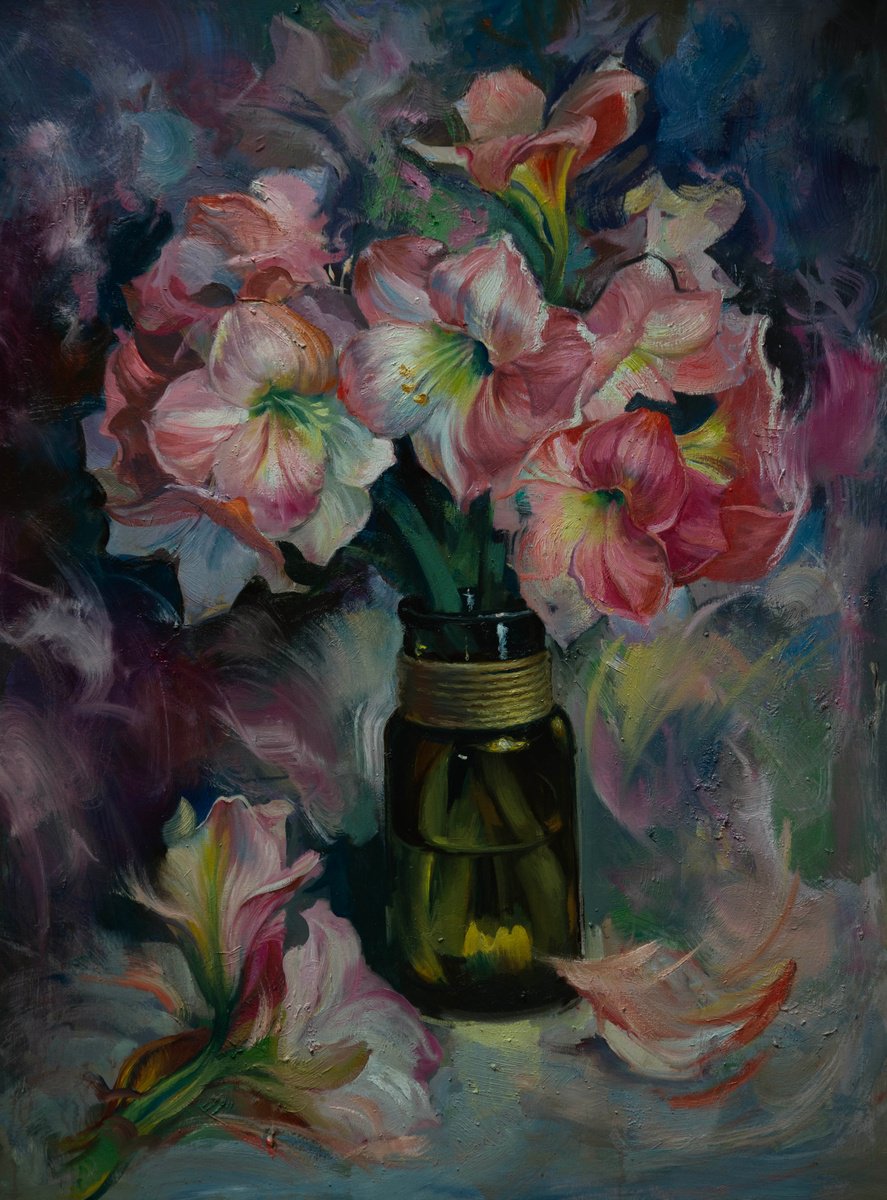 Expressive Botanical Oil Painting By Sergei Yatsenko, 34 X 46", Amaryllis, Original Artwork