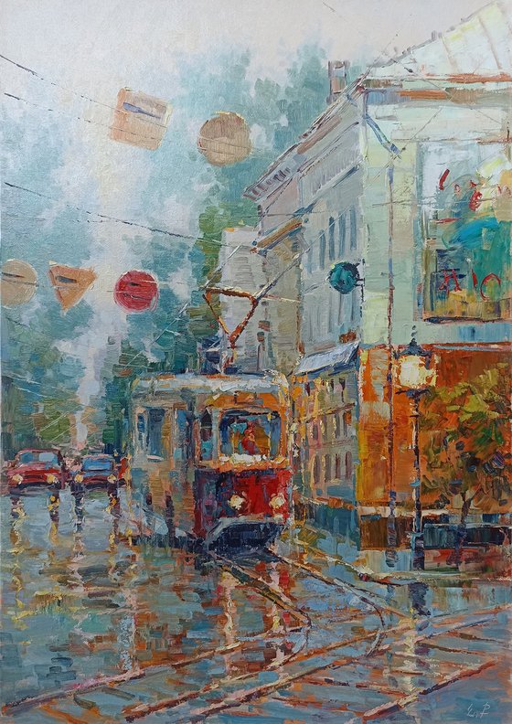 Red tram (50x70cm, oil painting, ready to hang)