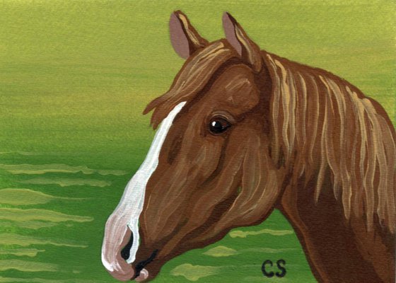 ACEO ATC Original Miniature Painting Chestnut Pony Horse Farmyard Art-Carla Smale