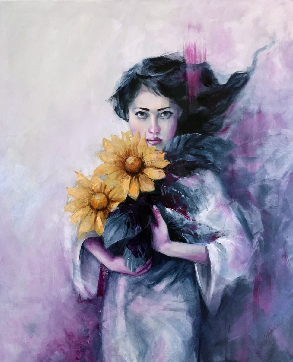 Expressive Portrait Oil Painting By Maria Romano, 24 X 28", Guardian Of The Sun, Original Artwork