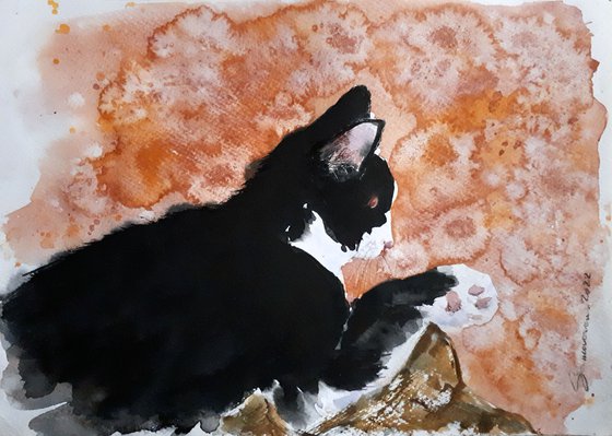 Cat... Autumn day... / FROM THE ANIMAL PORTRAITS SERIES / ORIGINAL WATERCOLOR  PAINTING