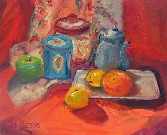 Still life with cans and fruit