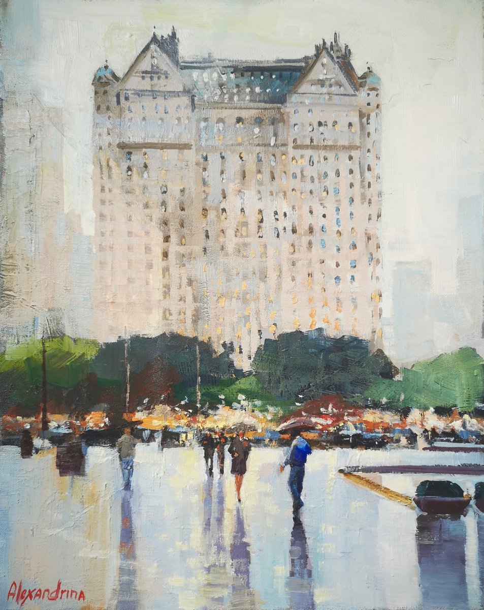 Impressionistic Cityscapes Oil Painting By Irina Alexandrina, 16 X 20, Hotel Plaza. New York., Original Artwork