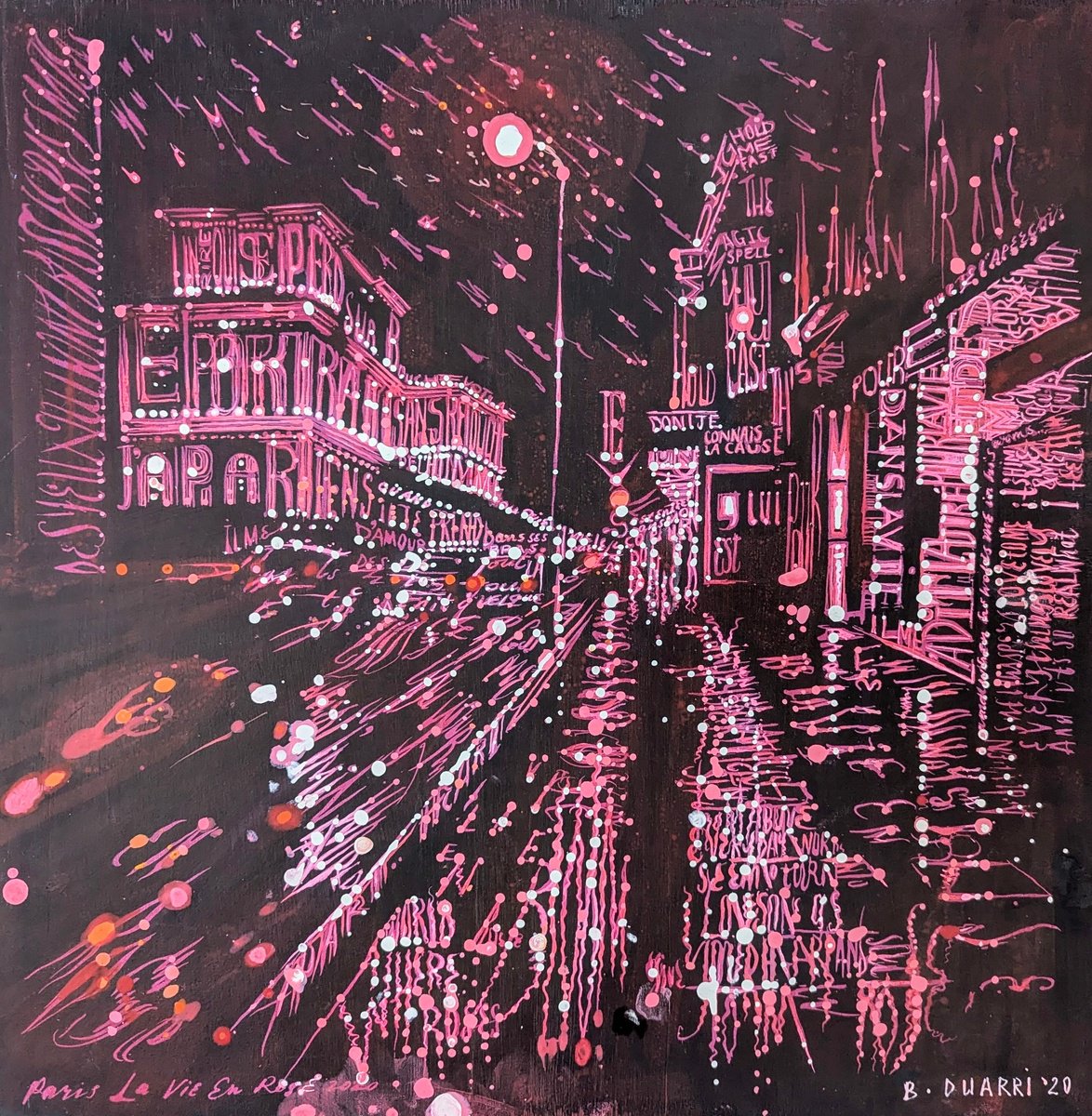 Cityscapes Acrylic Painting By Benjamin Duarri, 19 X 19, La Vie En Rose, Original Artwork