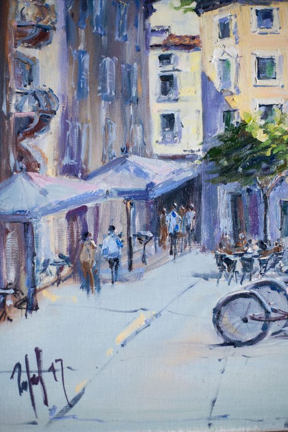 Verona. Street cafe. Medium size original oil painting italy street city urban yellow s
