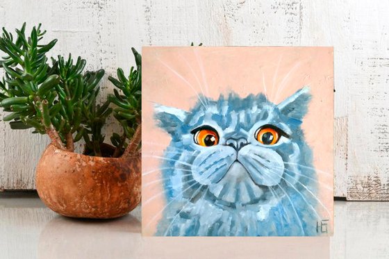 Grey Cat Oil Painting Original Art Cute Pet Artwork Cat Portrait