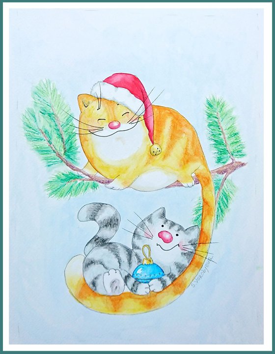 Cat's Christmas. Watercolor portrait painting.