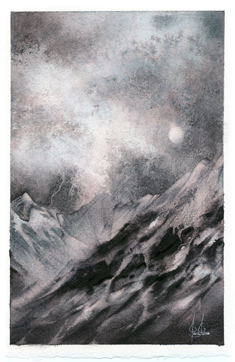 Impressionistic Landscape Watercolour By Ieva Janu, 7 X 11, Mountains Xiv, Original Artwork