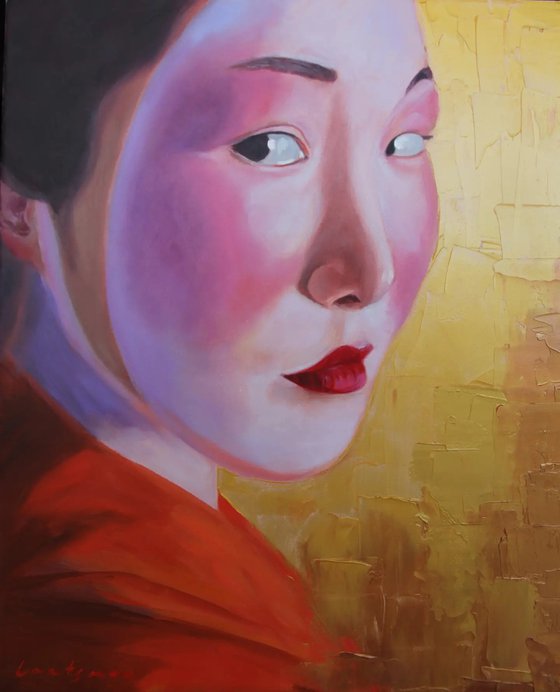 Dyptich Geisha in kimono on the gold background portrait 2