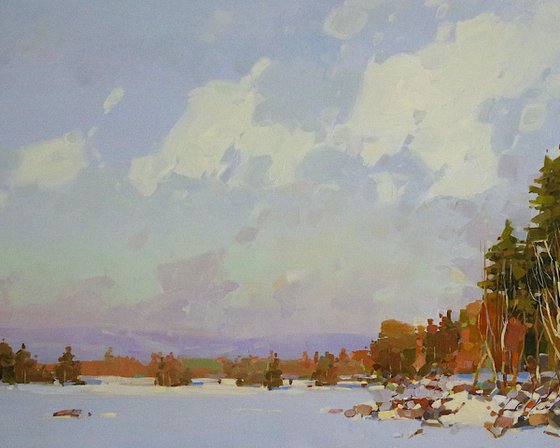 Lake in New Hampshire, oil painting, One of a kind, Signed, Handmade artwork