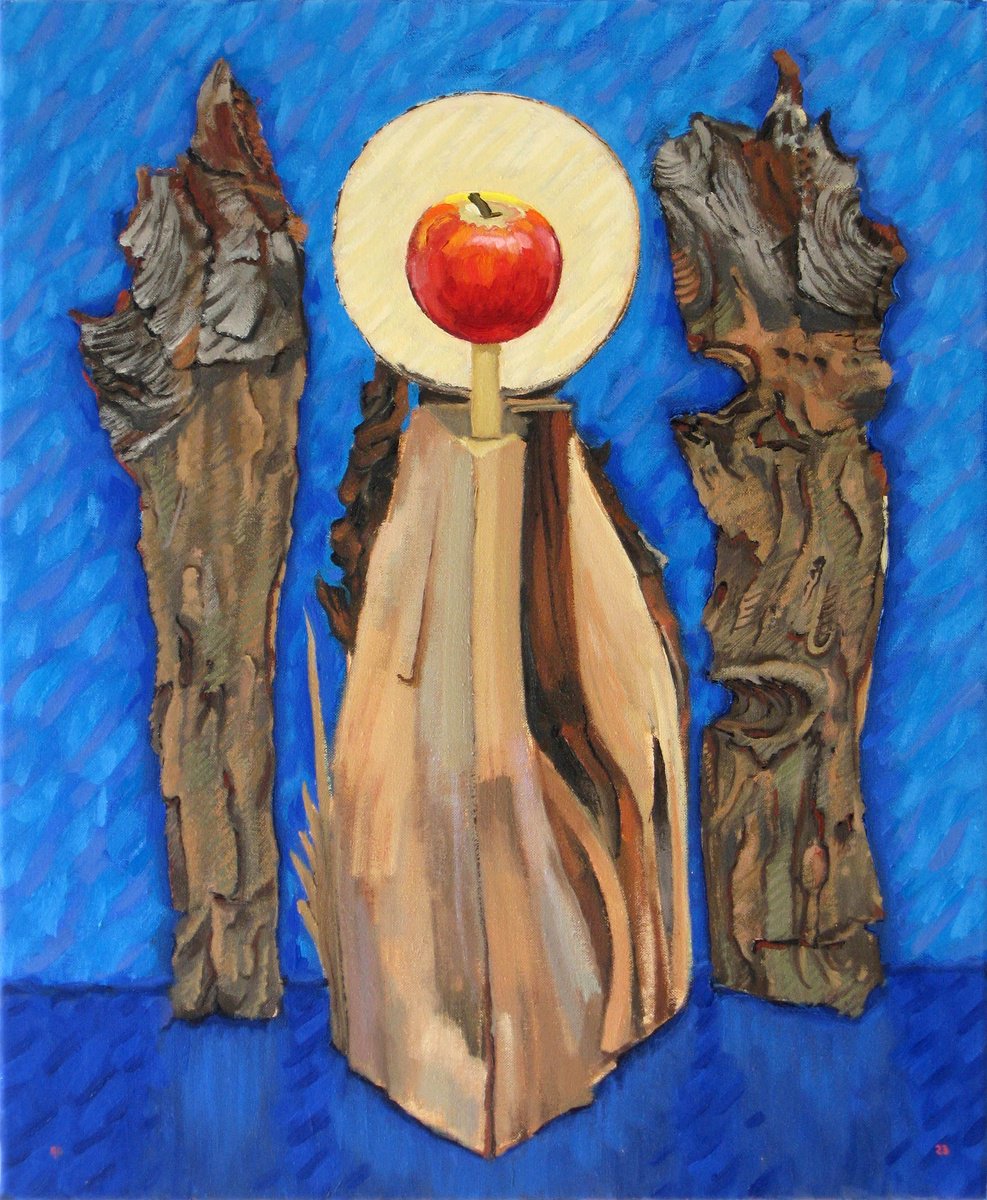 Still Life Oil Painting By Richard Gibson, 18 X 22", Timber With Apple, Original Artwork