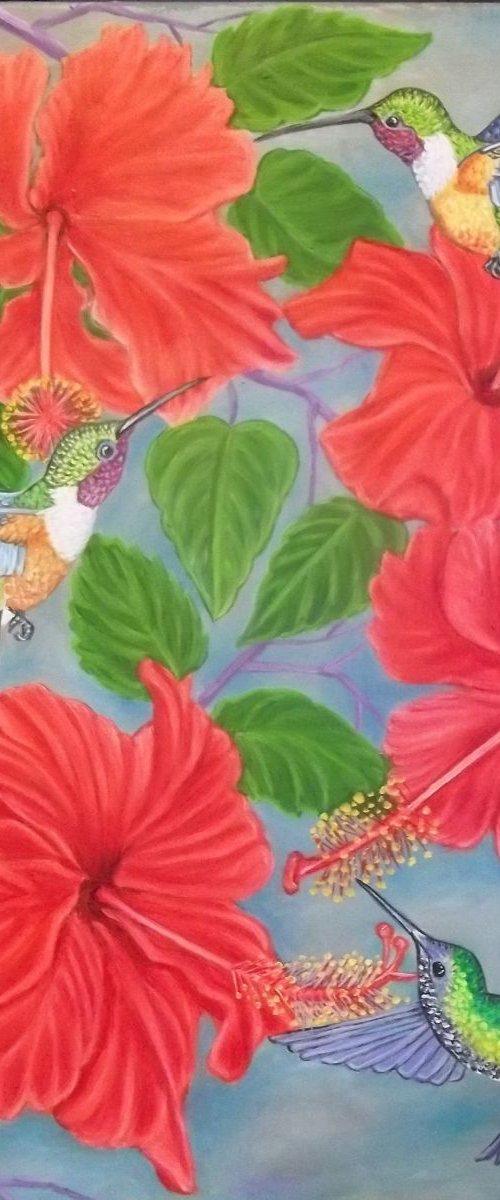 Hummingbirds and Hibiscus flowers by Sofya Mikeworth