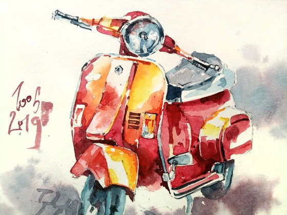 Watercolor sketch "Red moped" - series "Artist's Diary"