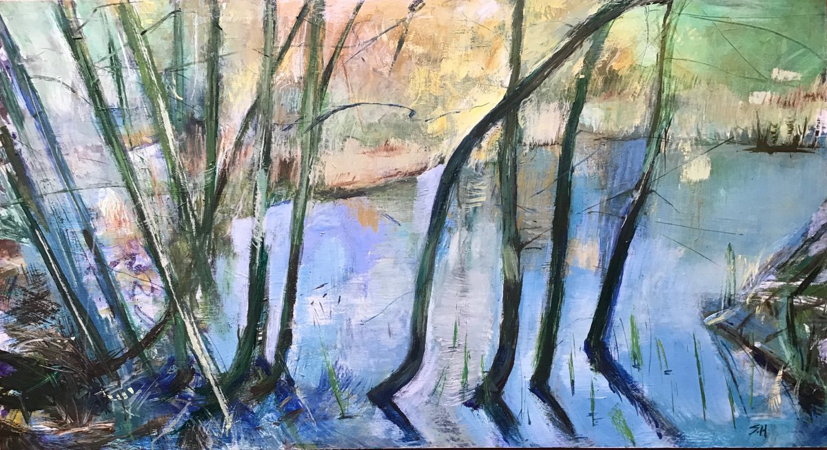 Organic Landscape Acrylic Painting By Sandra Haney, 48 X 27", Stream, Original Artwork