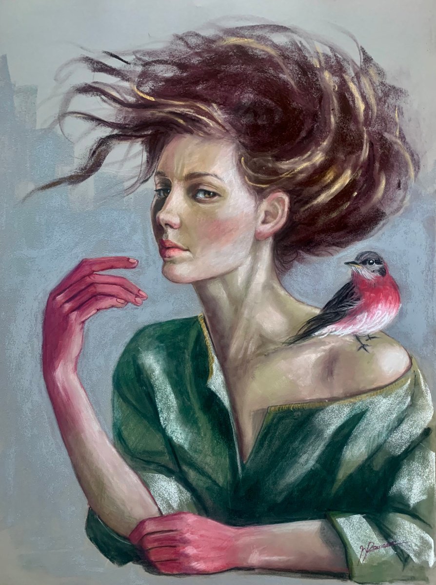 Expressive Portrait Pastel Drawing By Maria Romano, 20 X 26", The Presence, Original Artwork