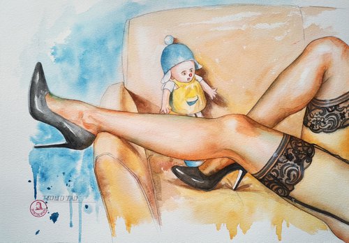 Watercolor - The doll on the sofa by Hongtao Huang
