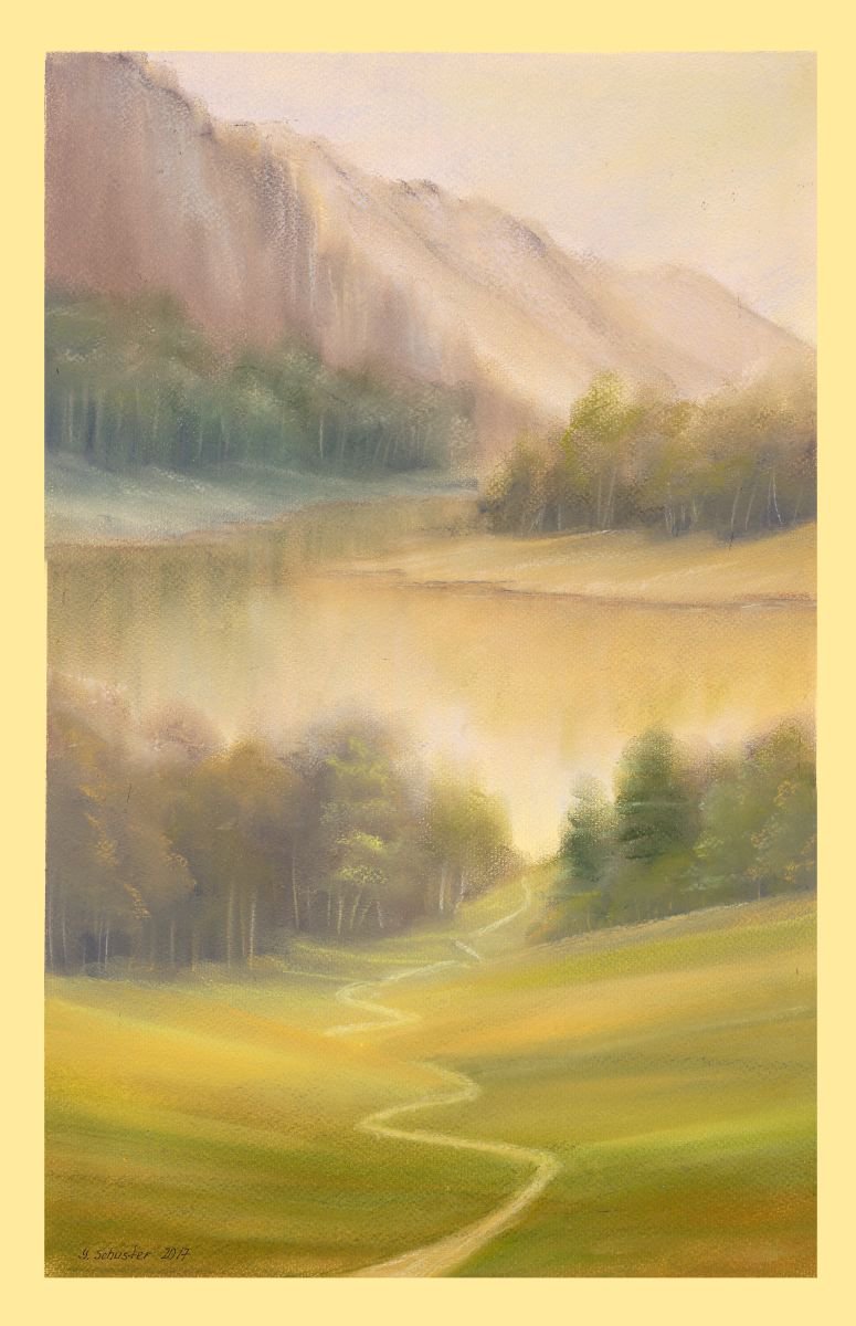 Melancholy. (Pastel painting 33cm*50cm.)Valley and mountains painting. by Yulia Schuster