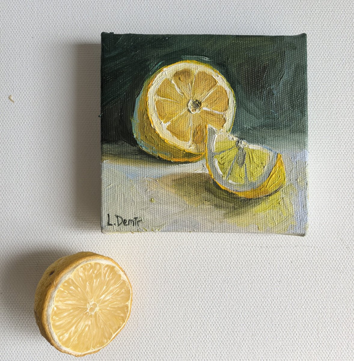 Impressionistic Still Life Oil Painting By Leyla Demir, 4 X 4", Lemon Slices Mini Oil Painting, Original Artwork