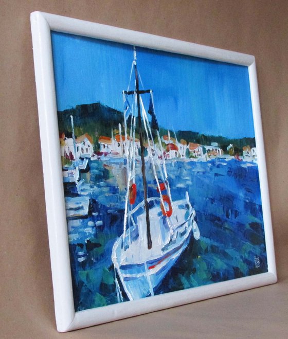 Boat in the harbor (framed)