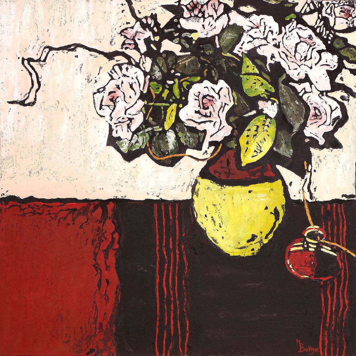 Rose Vase - Framed - Ready To Hang - Ink Resist Painting by Margaret Battye