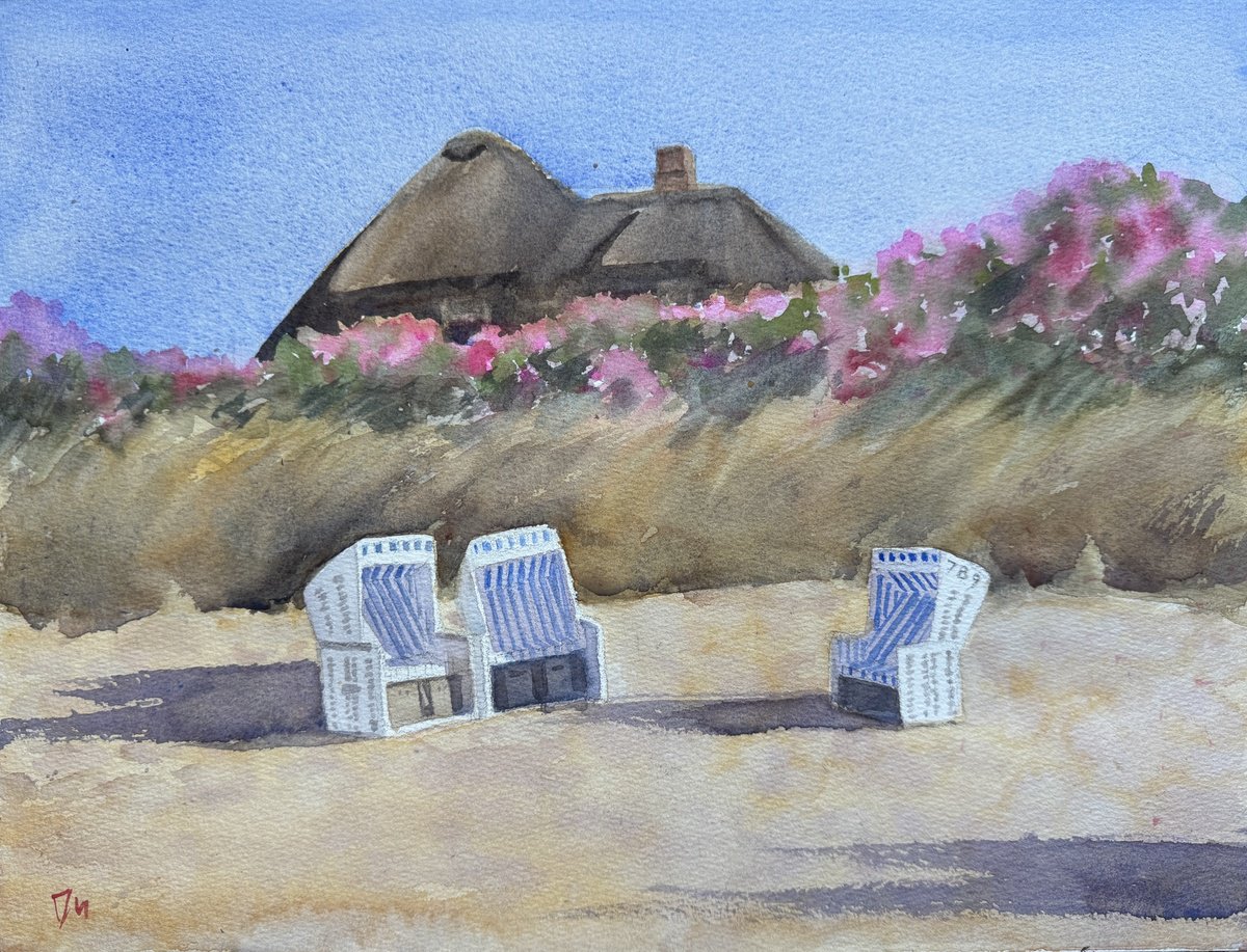 Impressionistic Landscape Watercolour By Shelly Du, 16 X 12", Beach Basket On Sylt, Original Artwork