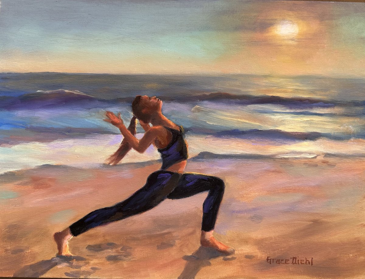 Impressionistic Portrait Oil Painting By Grace Diehl, 12 X 9, Yoga At Sunset, Original Artwork