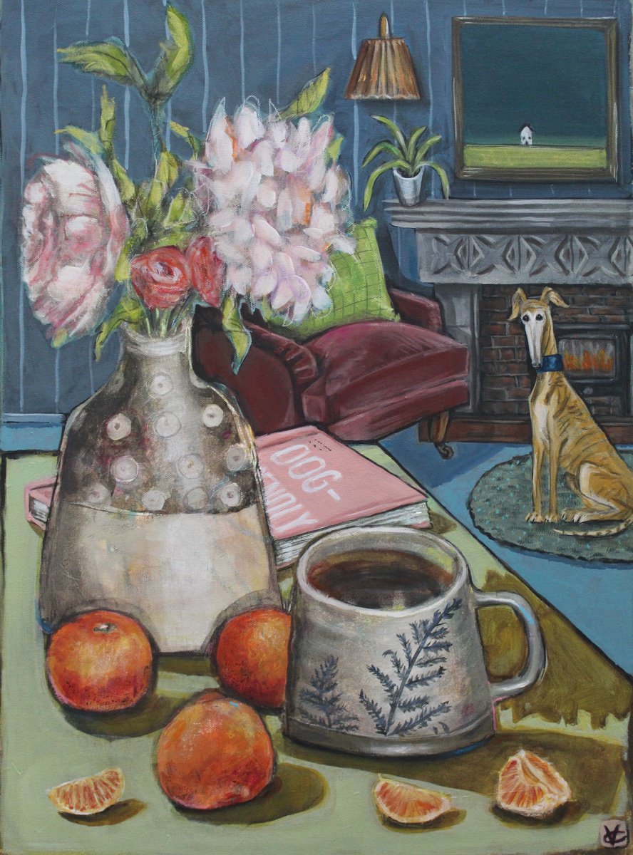 Naive Still Life Painting By Victoria Coleman, 18 X 24", Still Life Painting Called Coffee And Clementines With Clarence, Artfinder