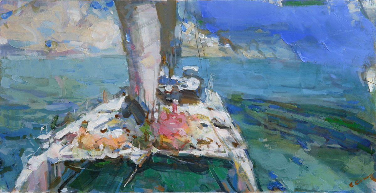 Expressive Landscape Oil Painting By Eugene Segal, 30 X 15, Landscape With Boat, Original Artwork