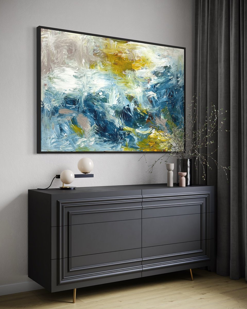 Abstract Landscape Acrylic Painting By Omar Obaid, 59 X 39", Follow The River, Original Artwork