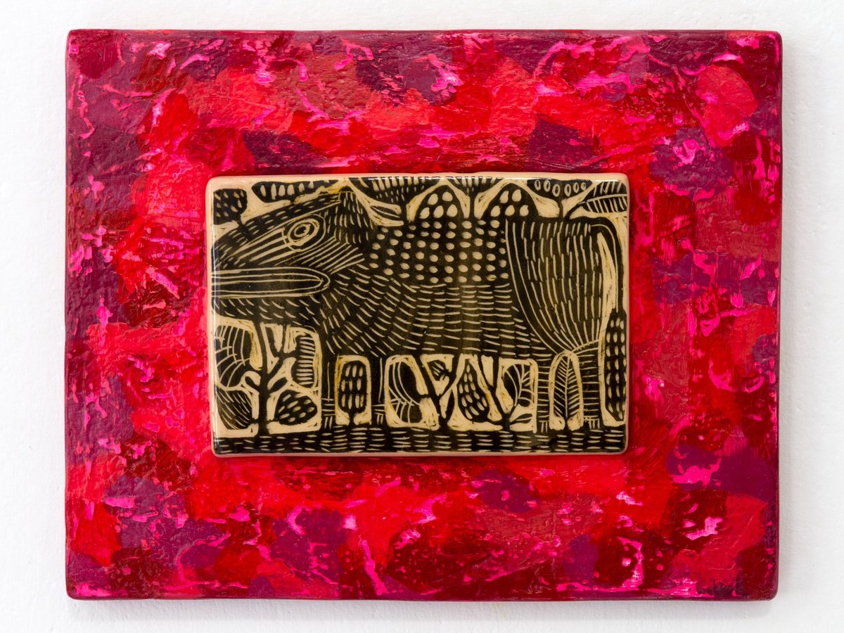 Naive Animal Clay Sculpture By Yuliia Dunaieva, 10 X 8", Ceramic Panel "Beast" 25 X 20 X 2 Cm, Original Artwork