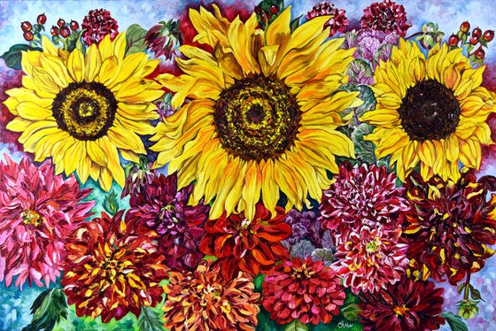 Three Sunflowers II: Red Dahlias & Pincushion Flowers