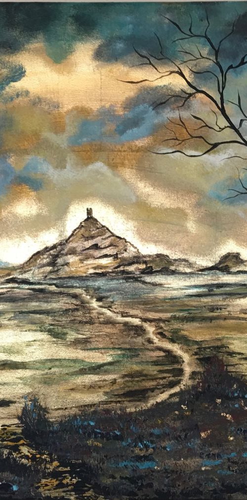 Glastonbury Tor under a full moon in gold leaf by Marja Brown