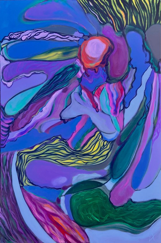 TRANSFORMATION AROUND ME- a large scale oil on acrylic painting, 120x80 cm, blue, pink, yellow