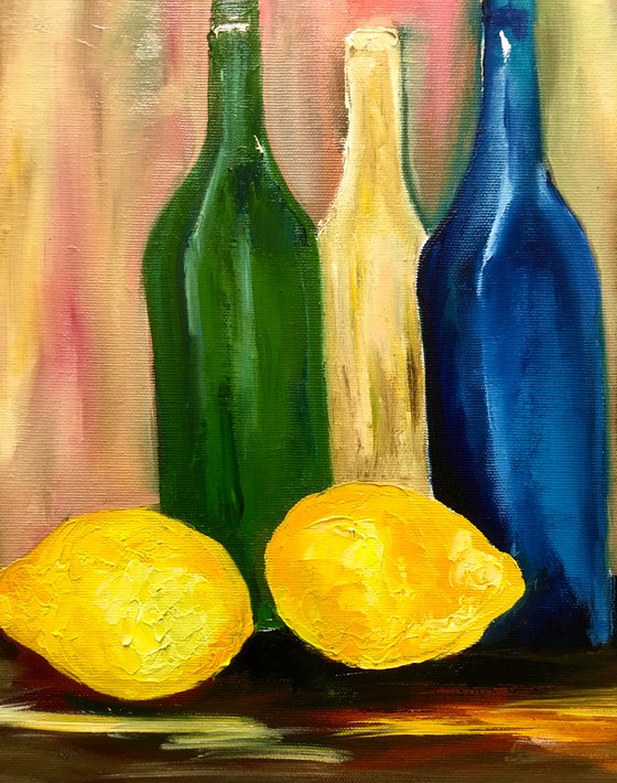 Bottles and lemons. Still life. Palette knife painting on linen canvas