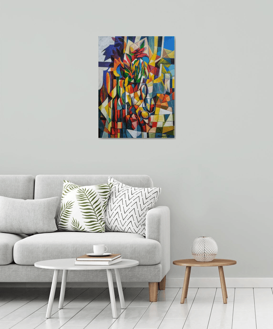 Still life with roses (60x80cm, cubism, oil painting, ready to hang)