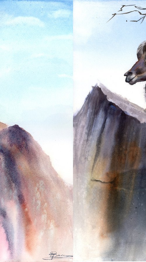 Ibex on the Cliff – Diptych by Olga Tchefranov (Shefranov)