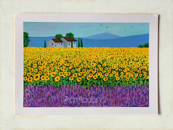 Sunflower and Lavender field! Country Landscape! House in the field! A3 size Painting on paper