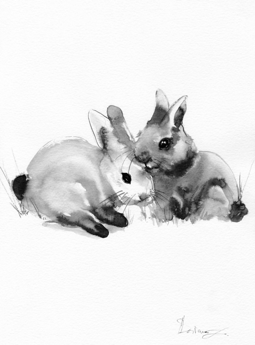 Expressive Animal Ink Drawing By Doriana Popa, 8 X 11, Two Bunnies, Original Artwork
