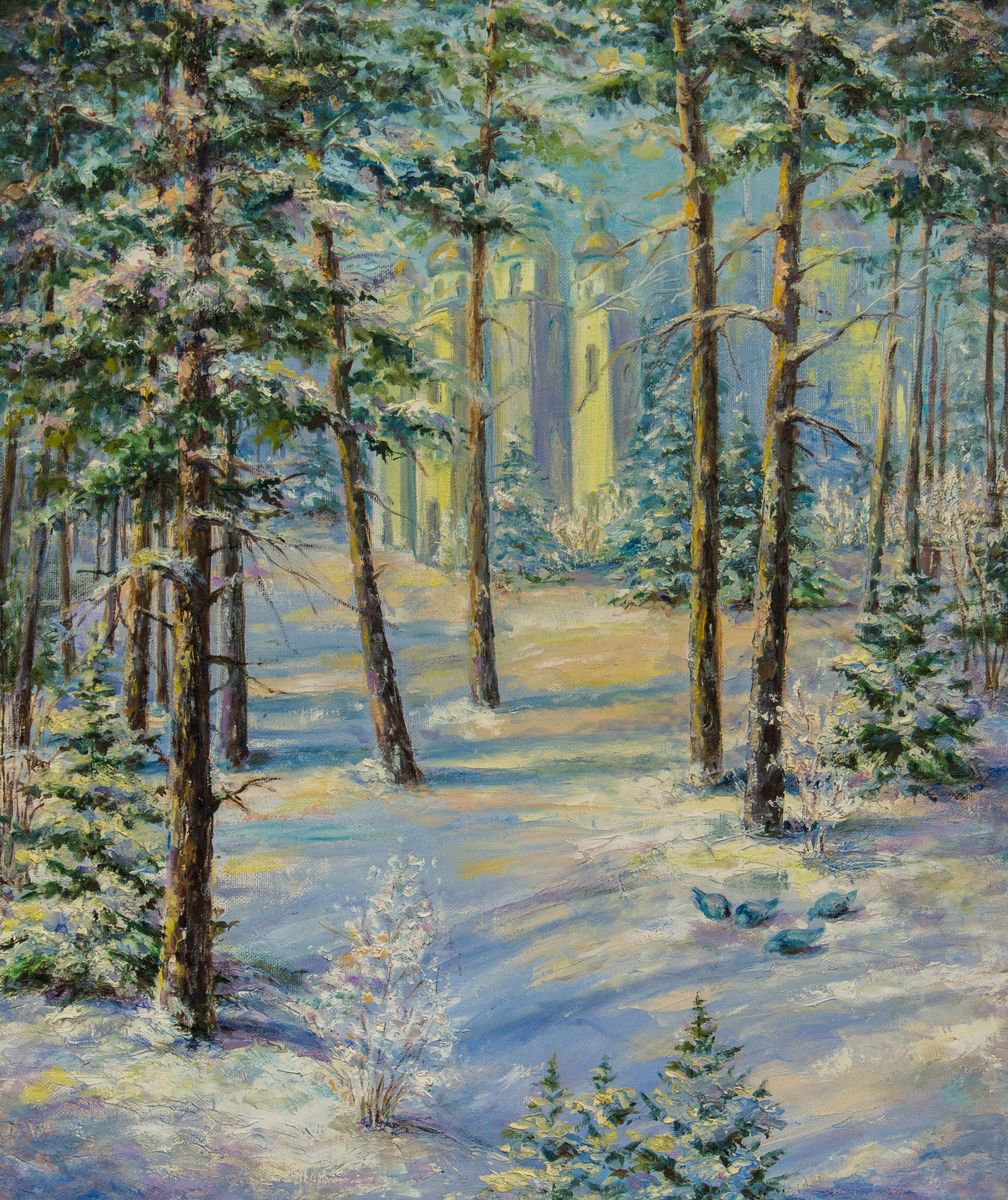 Impressionistic Landscape Oil Painting By Galyna Shevchencko, 20 X 24, Church In Winter Forest, Original Artwork