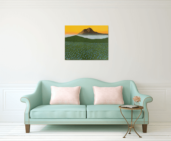 Mystic Morning -  mystic mountain mist and bluebonnet landscape; home, office decor; gift idea