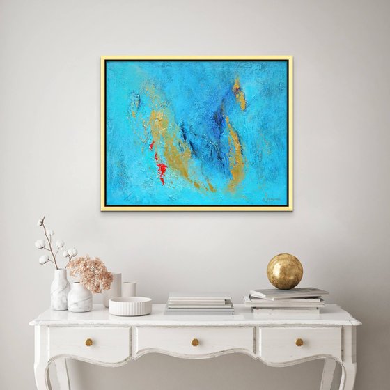 CARIBBEAN DREAM. Teal, Gold, Blue Contemporary Abstract Seascape, Ocean Waves Painting. Modern Textured Art