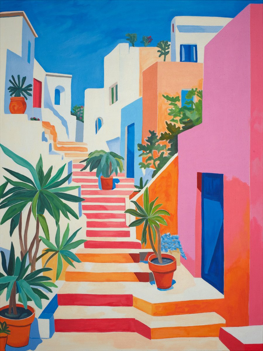 Impressionistic Cityscapes Acrylic Painting By Kosta Morr, 24 X 32", Pots On The Stairs, Original Artwork