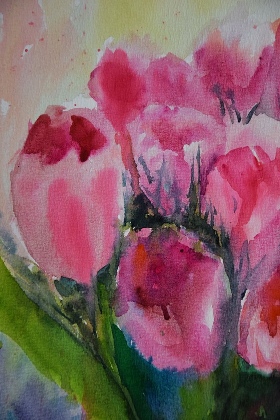 Pink tulips watercolor painting, flower wall art, floral bouquet gift for her