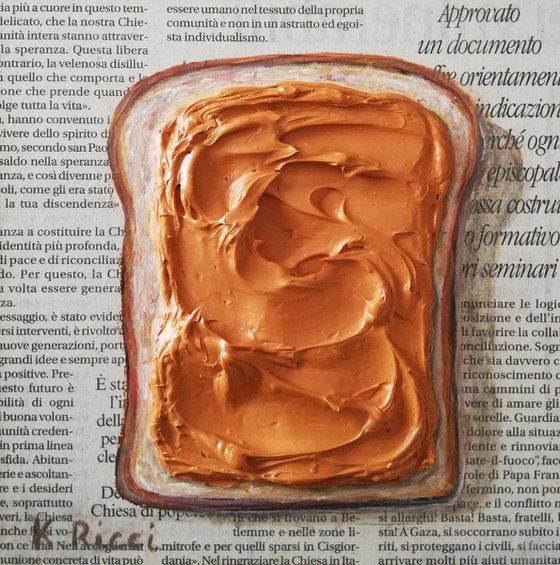 "Toast with Peanut Butter" Original Acrylic on Wooden Board Painting 6 by 6 inches (15x15 cm)