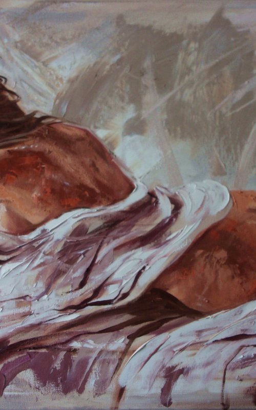 " MY PLACE WITH BOOK ... "-   liGHt  ORIGINAL OIL PAINTING, GIFT, PALETTE KNIFE nude WINDOW by Monika Luniak