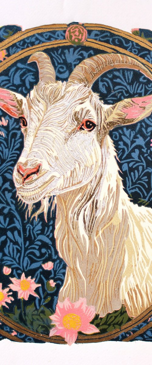 Goat – reduction linocut print by Jennie Smallenbroek