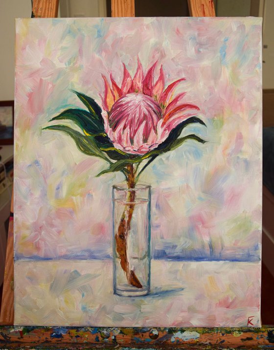 Flower protea original oil painting on canvas, pink plant in glass still life