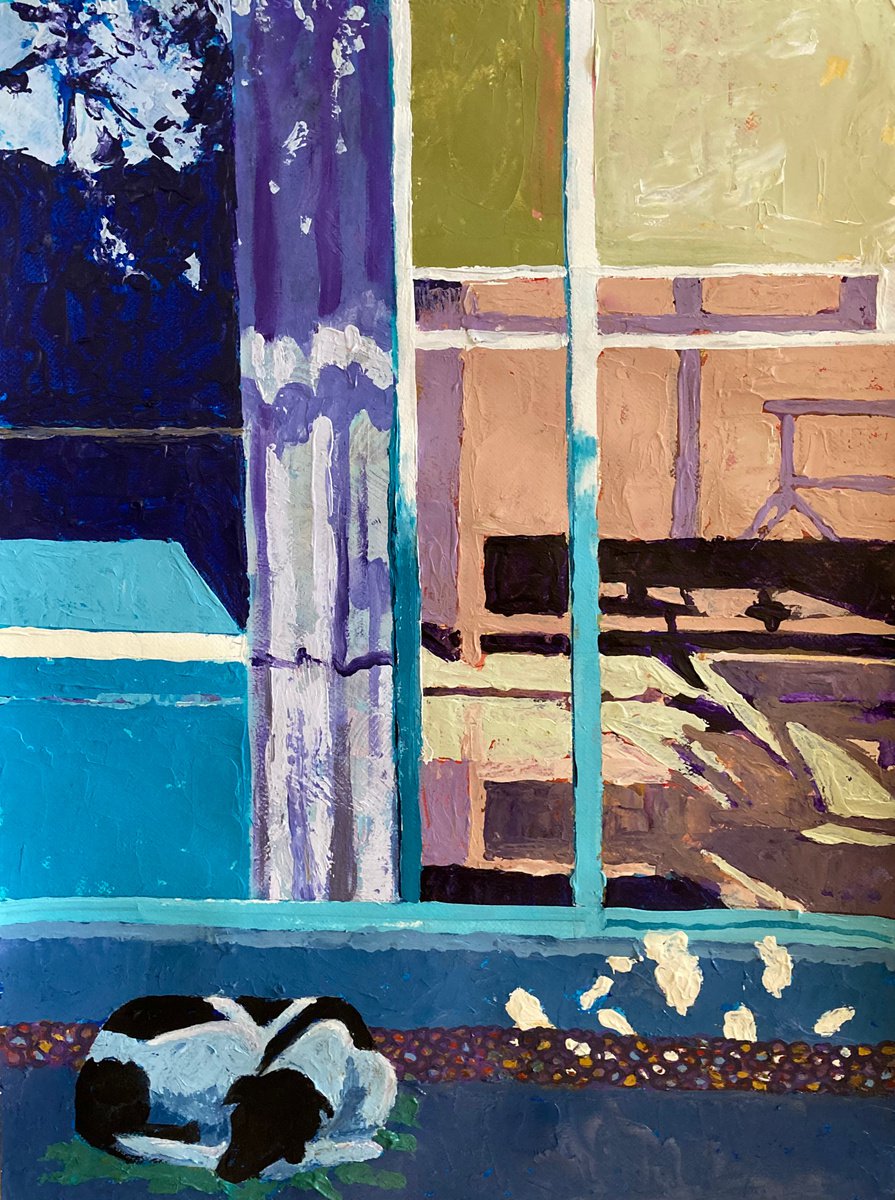 Impressionistic Cityscapes Acrylic Painting By John Cottee, 22 X 30, Doorway With Dog, Original Artwork